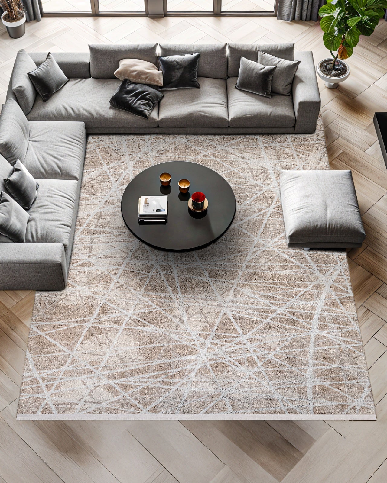 Bej Beyaz Dokulu Geometrik Halı - Yıkanabilir - Kaymaz Taban - Pati Dostu