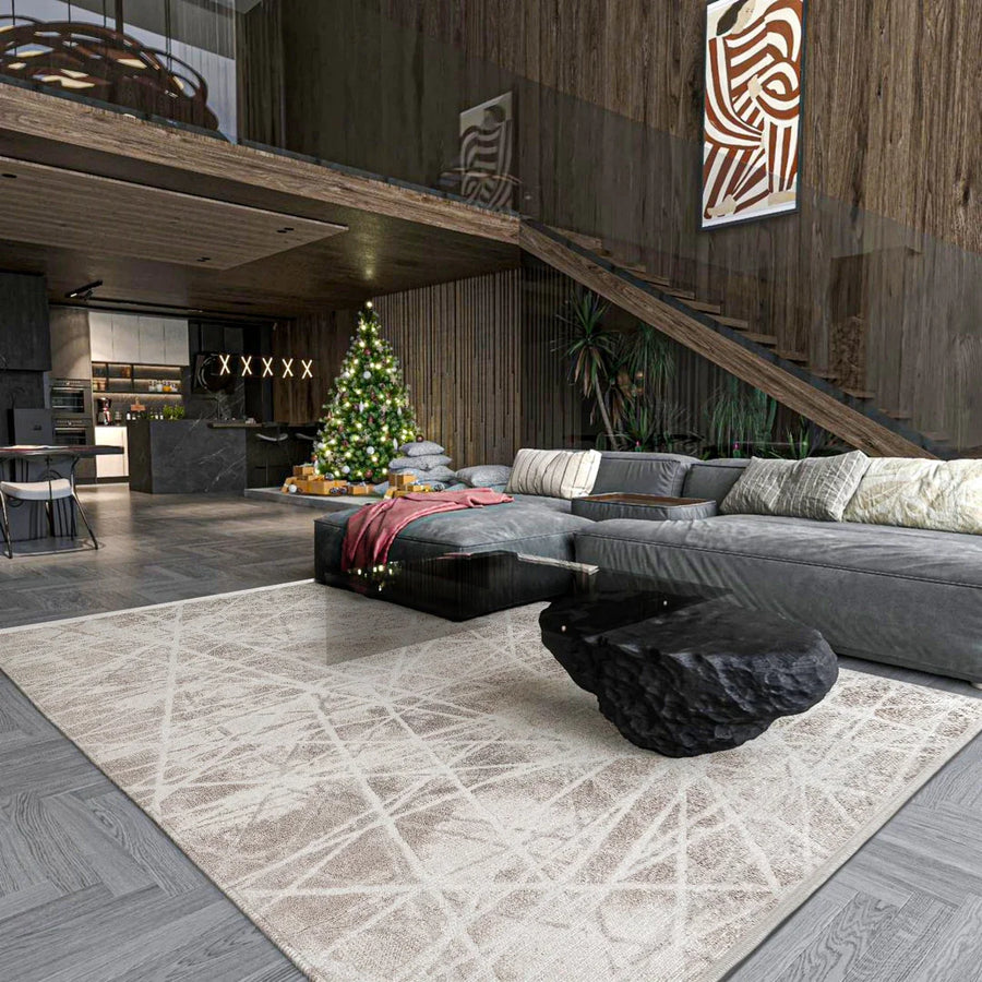 Teppich Beige Grau mit geometrischem Reliefmuster – im Wohnzimmer
