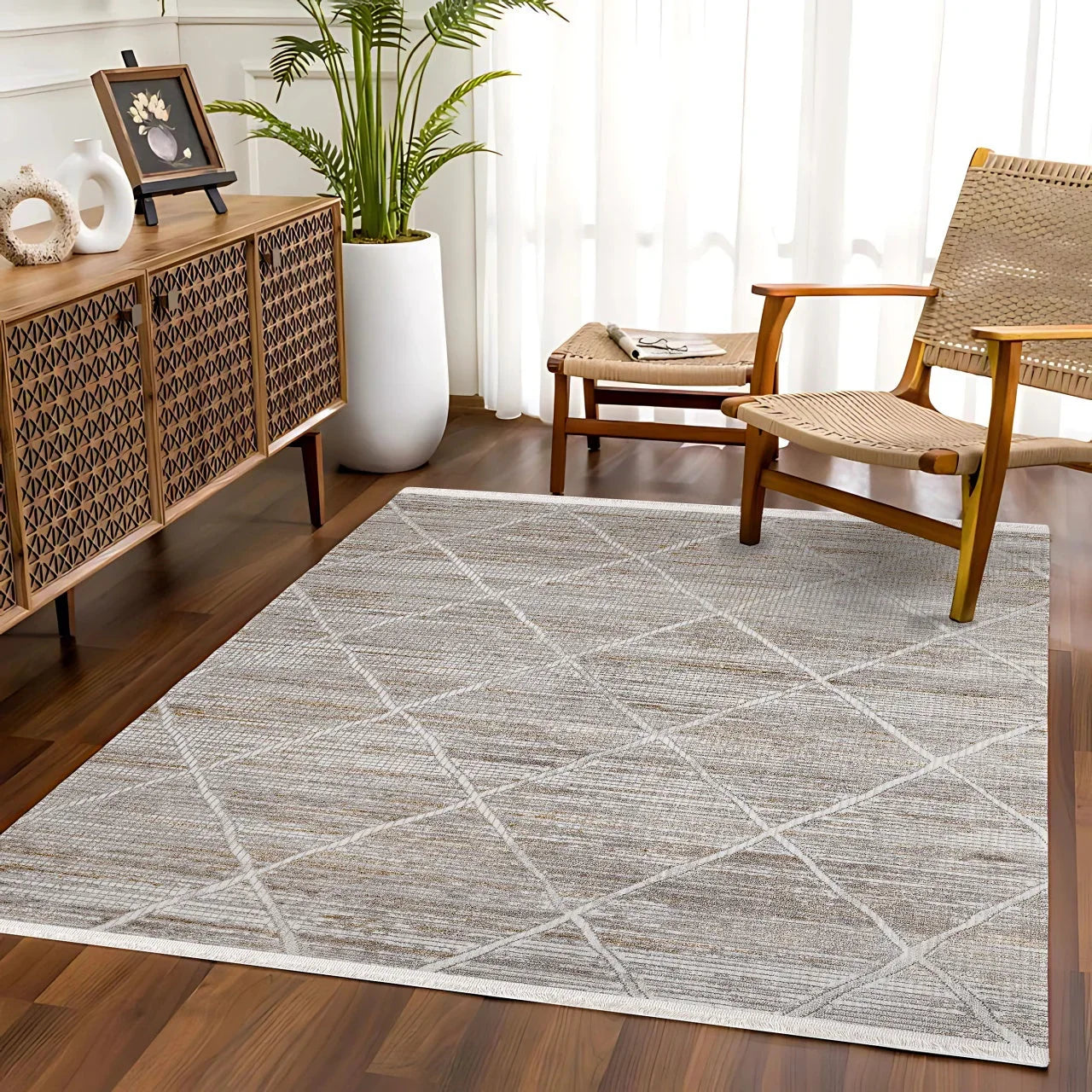 Bej Gold Bordürlü Minimalist Halı - Yıkanabilir - Kaymaz Taban - Pati Dostu