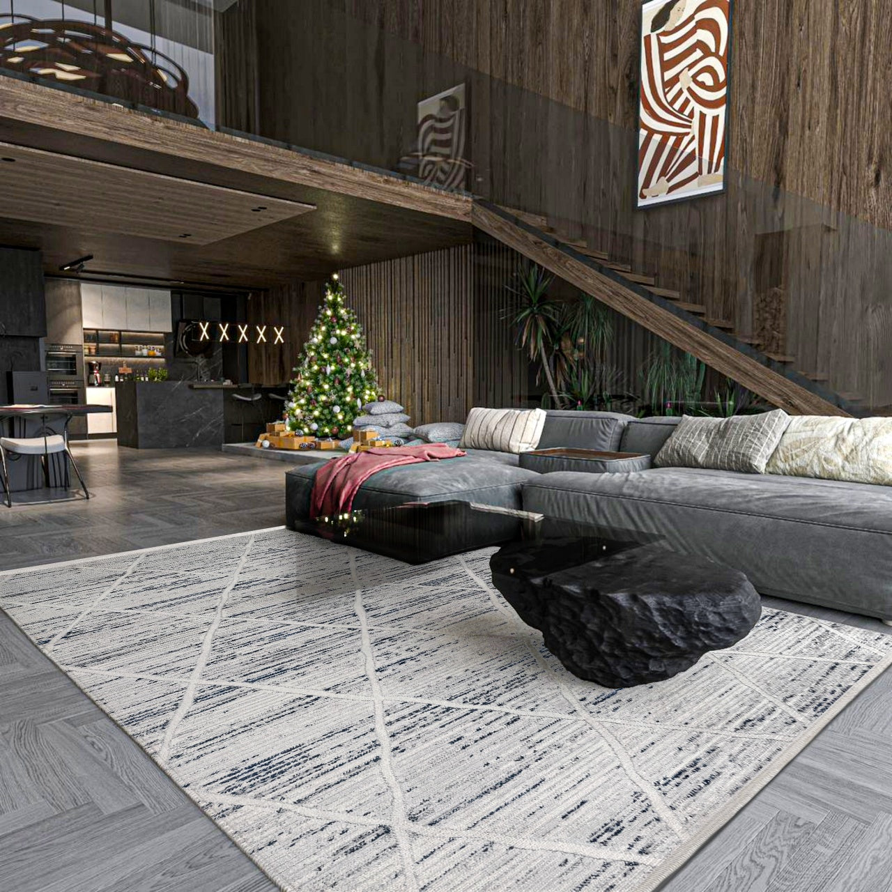 Antrasit Gri Eskitme Minimalist Halı - Yıkanabilir - Kaymaz Taban - Pati Dostu