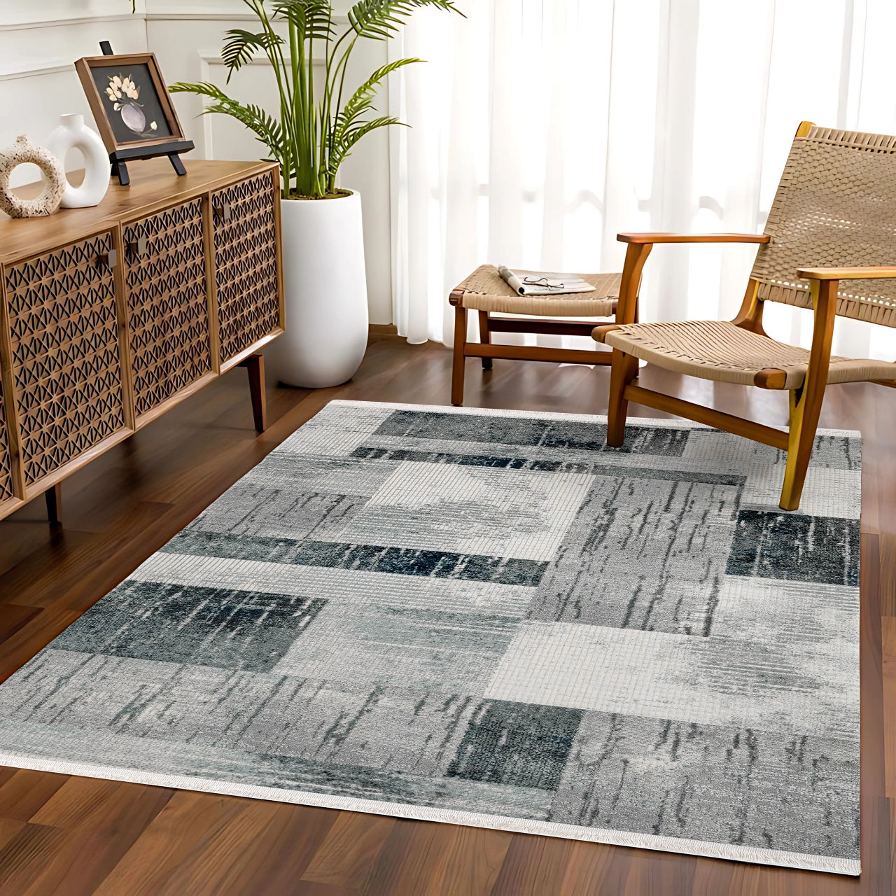 Antrasit Gri Blok Desenli Geometrik Halı - Yıkanabilir - Kaymaz Taban - Pati Dostu