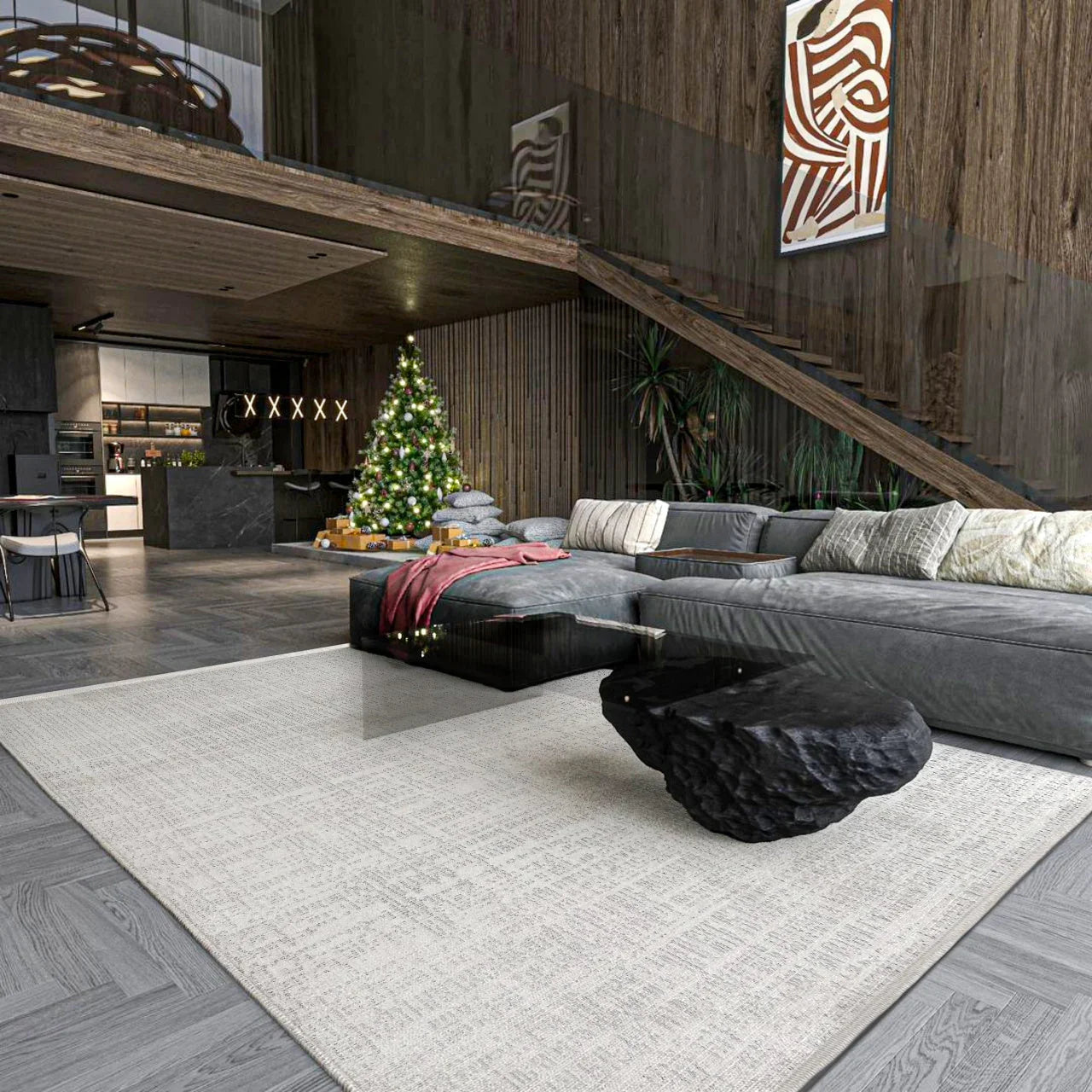 Gri Dokulu Minimalist Halı - Yıkanabilir - Kaymaz Taban - Pati Dostu