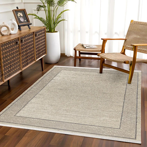 Bej Krem Bordürlü Minimalist Halı - Yıkanabilir - Kaymaz Taban - Pati Dostu