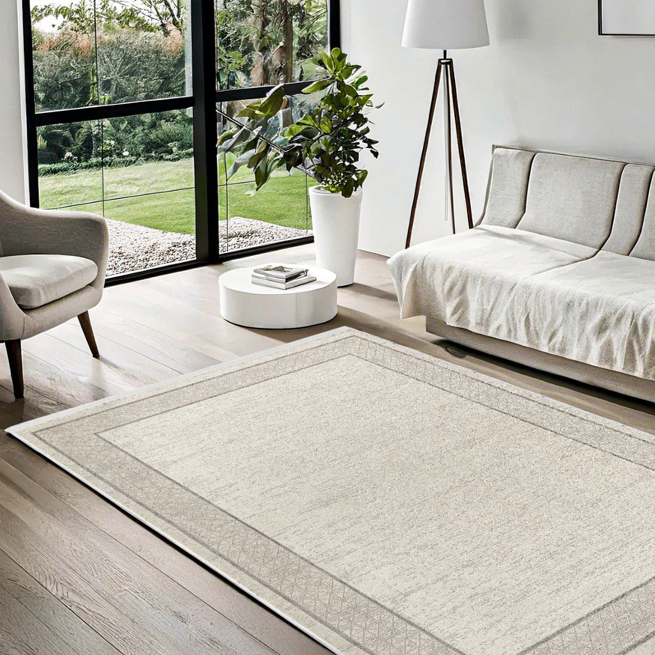 Bej Krem Bordürlü Minimalist Halı - Yıkanabilir - Kaymaz Taban - Pati Dostu