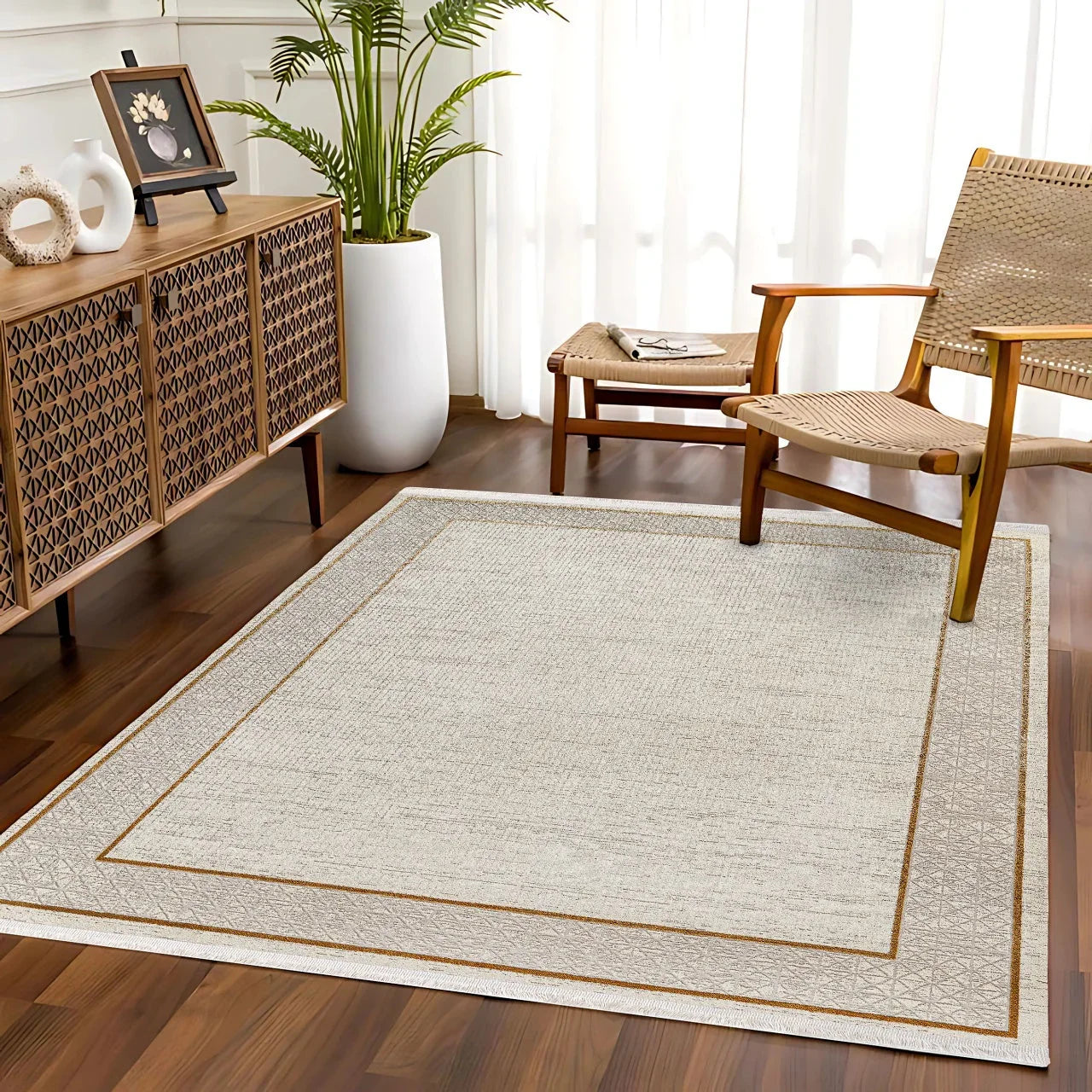 Bej Krem Minimalist Modern Halı - Yıkanabilir - Kaymaz Taban - Pati Dostu