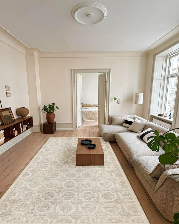Bej Krem Geometrik Minimalist Halı - Yıkanabilir - Kaymaz Taban - Pati Dostu