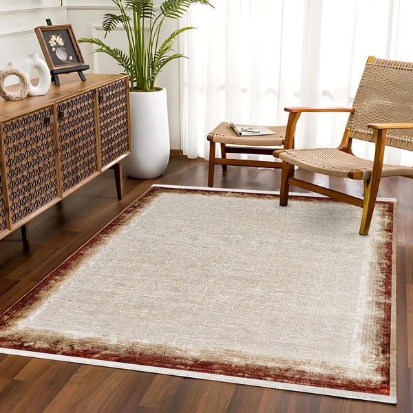 Bej Bordürlü Minimalist Halı - Yıkanabilir - Kaymaz Taban - Pati Dostu