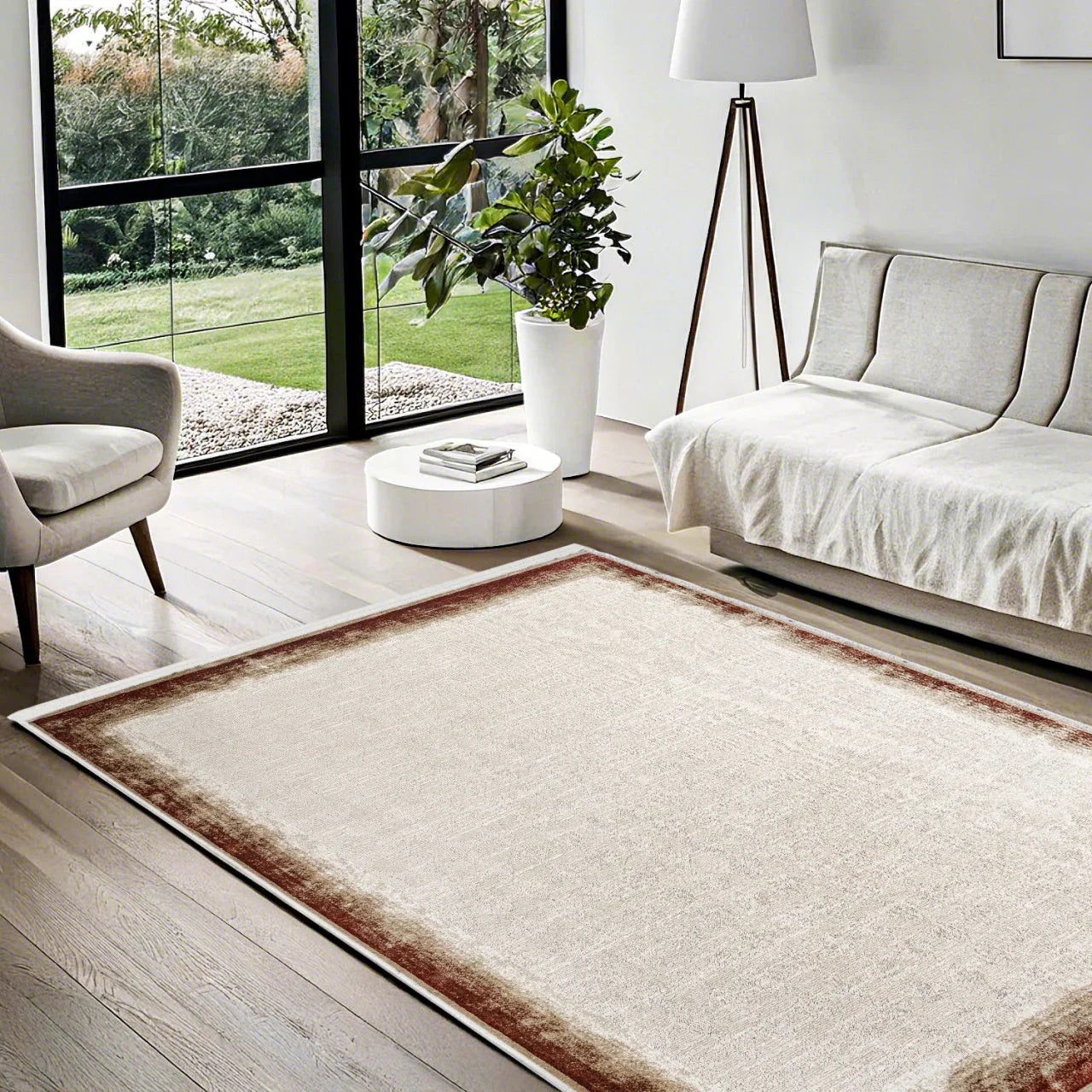 Bej Bordürlü Minimalist Halı - Yıkanabilir - Kaymaz Taban - Pati Dostu