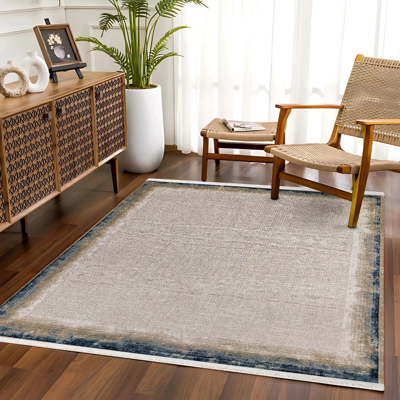 Bej Gri Bordürlü Minimalist Halı - Yıkanabilir - Kaymaz Taban - Pati Dostu