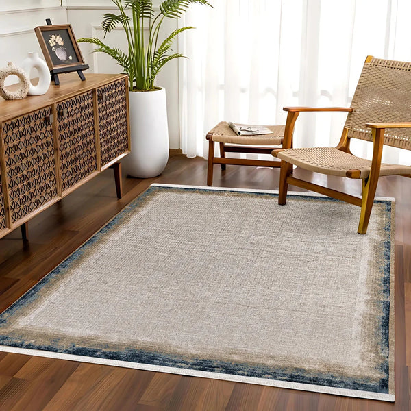 Bej Gri Bordürlü Minimalist Halı - Yıkanabilir - Kaymaz Taban - Pati Dostu