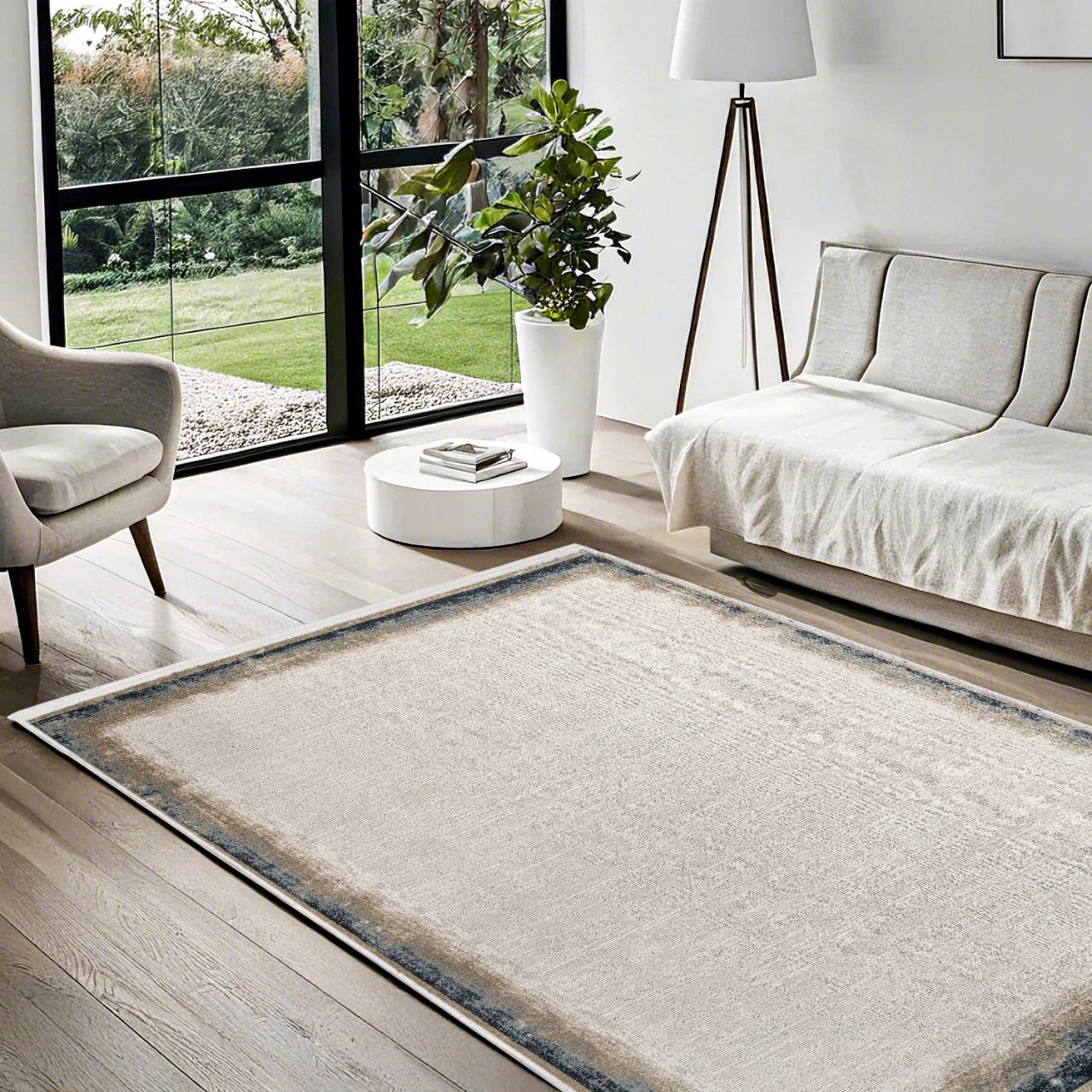 Bej Gri Bordürlü Minimalist Halı - Yıkanabilir - Kaymaz Taban - Pati Dostu