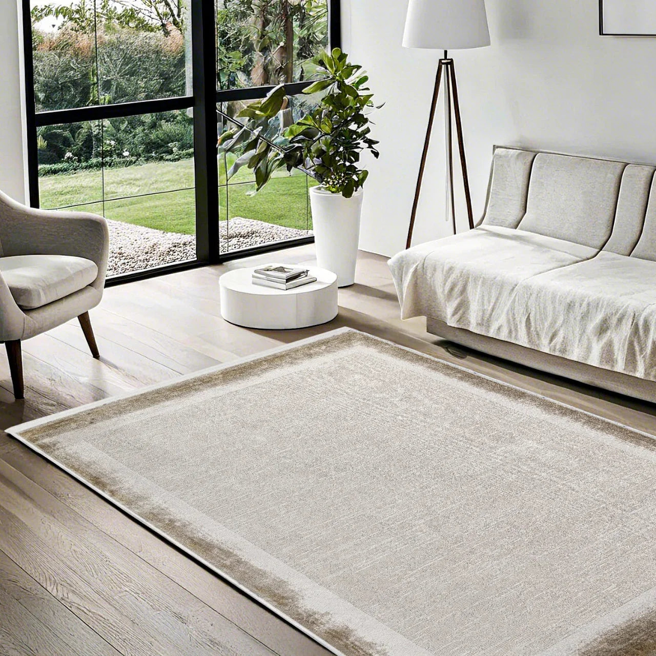 Bej Krem Bordürlü Minimalist Halı - Yıkanabilir - Kaymaz Taban - Pati Dostu