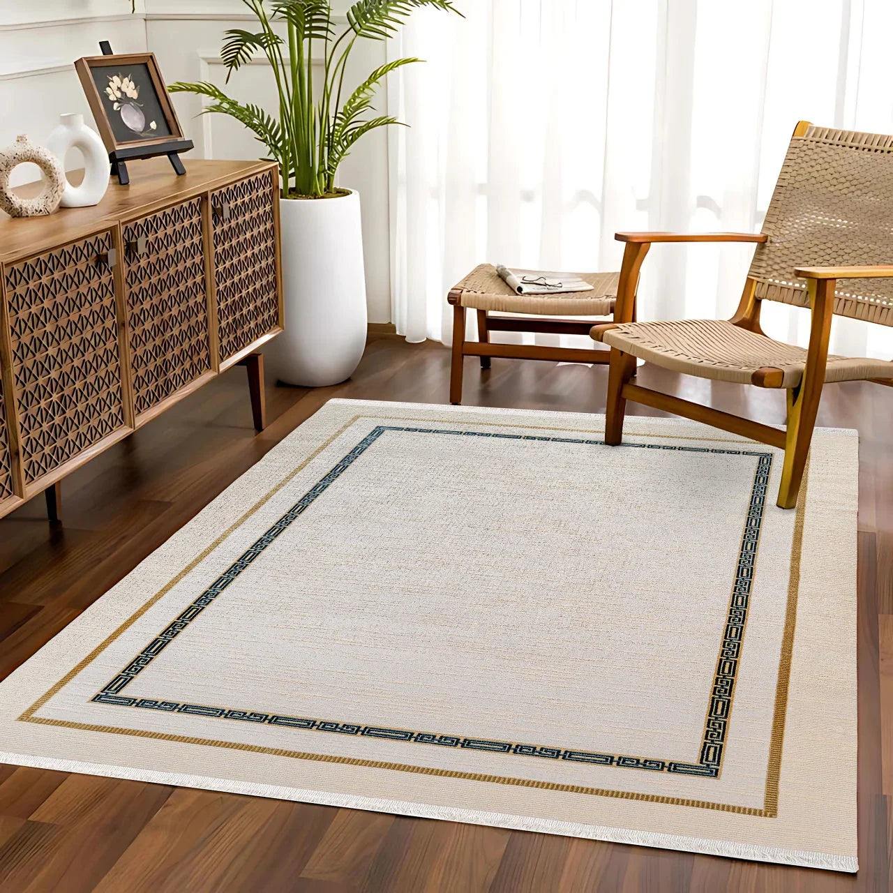 Bej Krem Bordürlü Minimalist Halı - Yıkanabilir - Kaymaz Taban - Pati Dostu