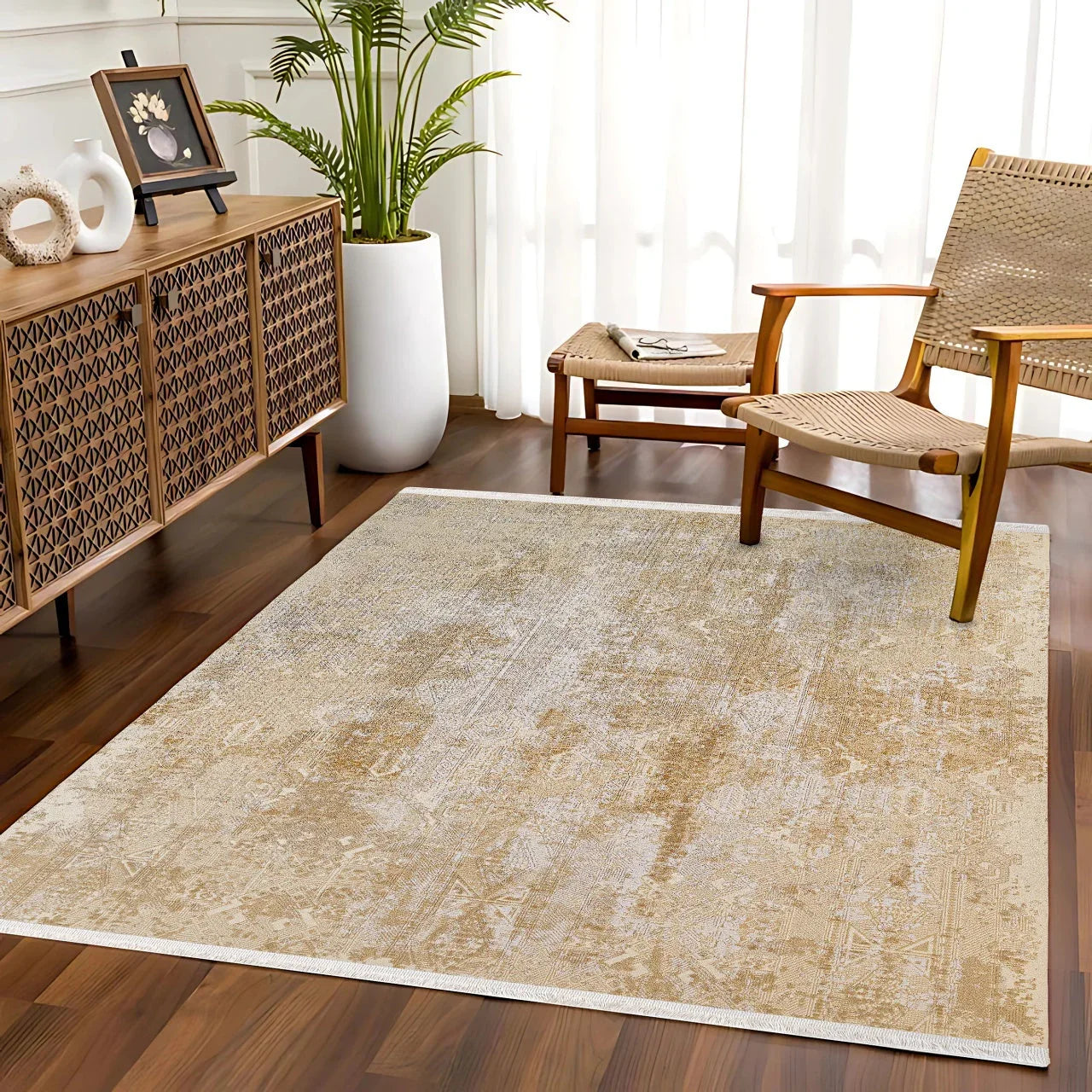 Bej Dokulu Minimalist Halı - Yıkanabilir - Kaymaz Taban - Pati Dostu