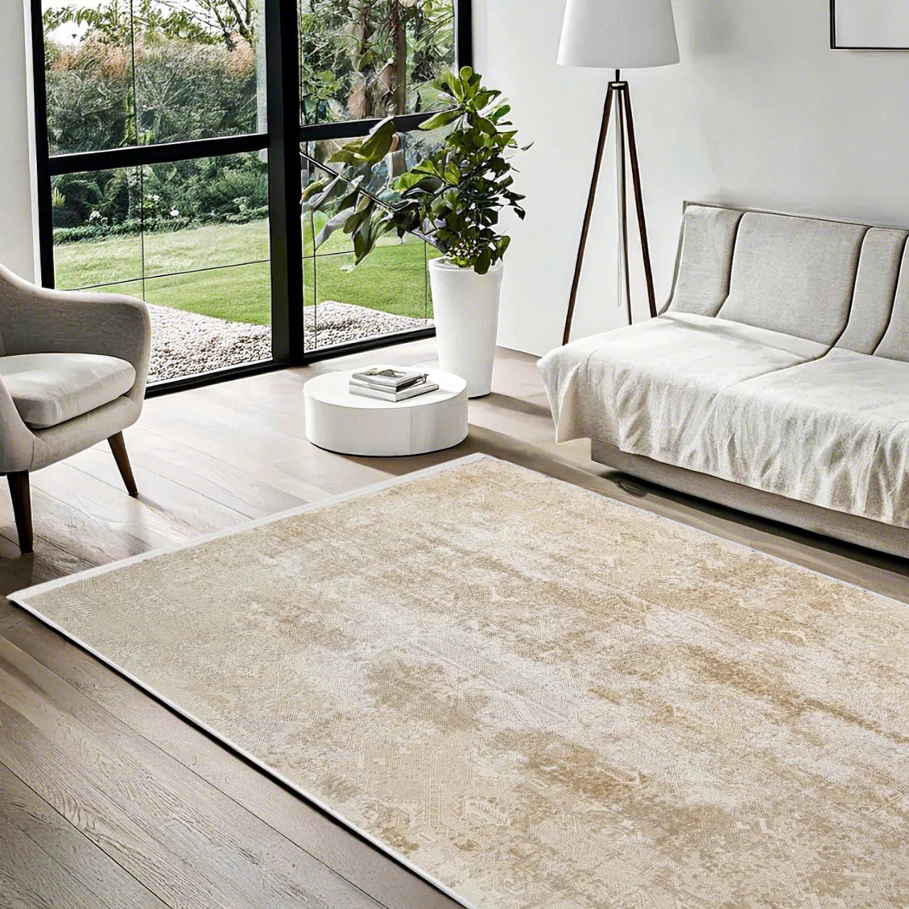 Bej Dokulu Minimalist Halı - Yıkanabilir - Kaymaz Taban - Pati Dostu