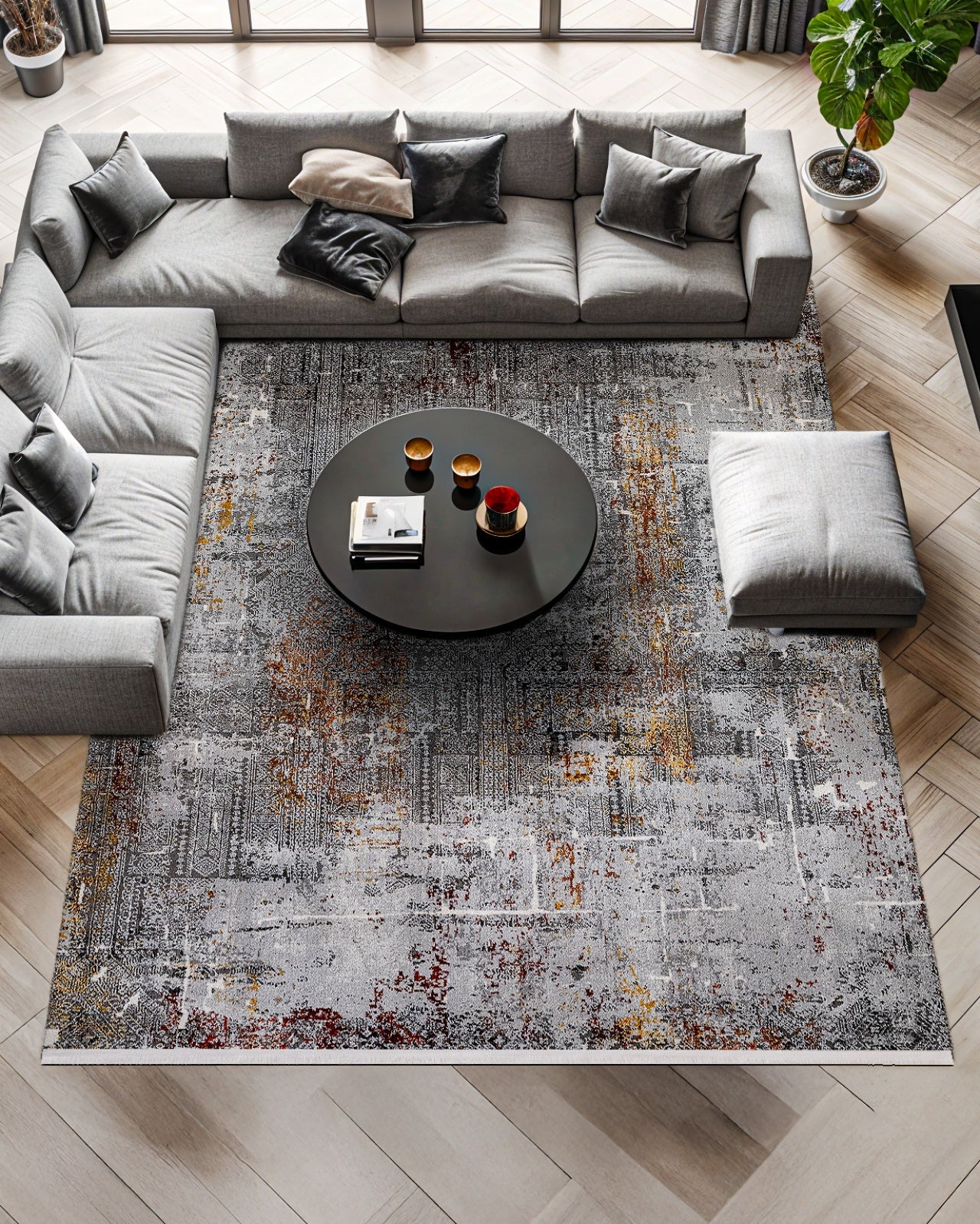 Bej Desenli Eskitme Halı - Yıkanabilir - Kaymaz Taban - Pati Dostu