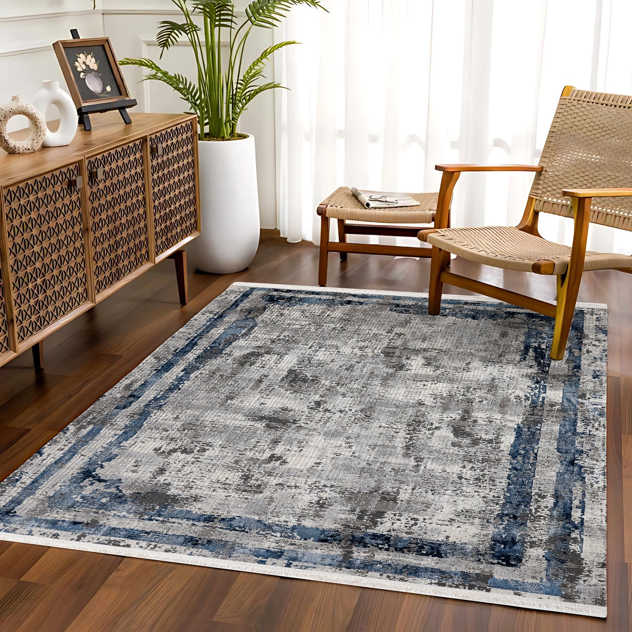 Gri Mavi Bohem Bordürlü Halı - Yıkanabilir - Kaymaz Taban - Pati Dostu