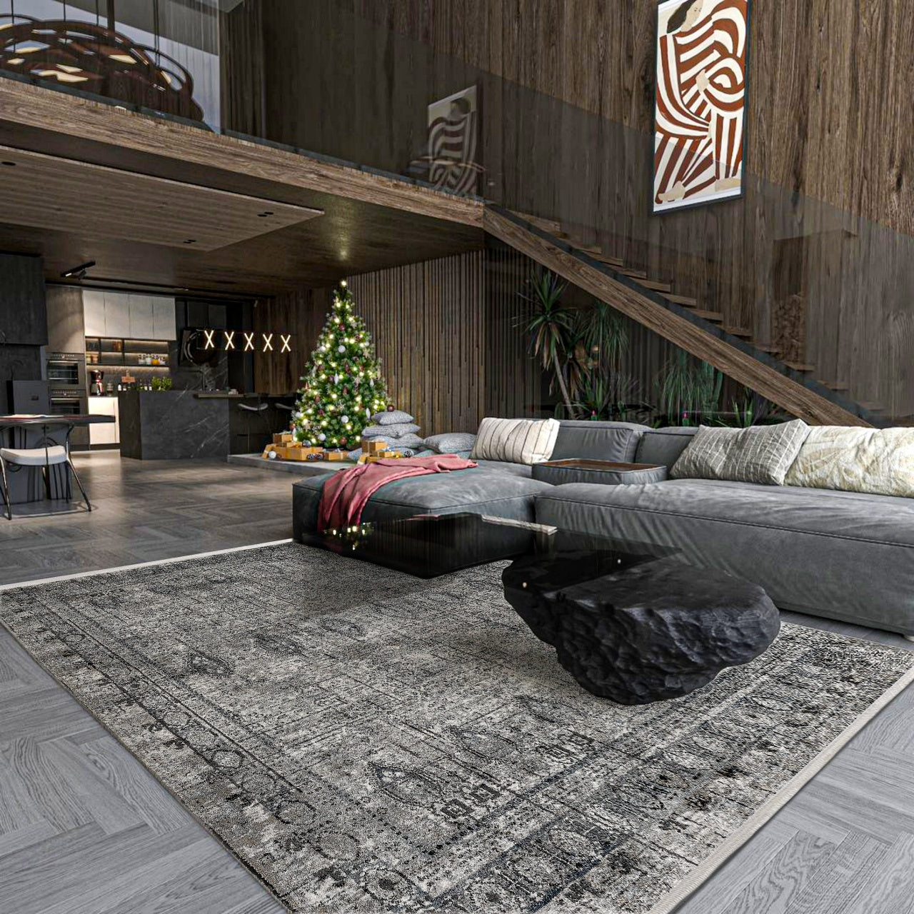 Antrasit Gri Bordürlü Eskitme Halı - Yıkanabilir - Kaymaz Taban - Pati Dostu