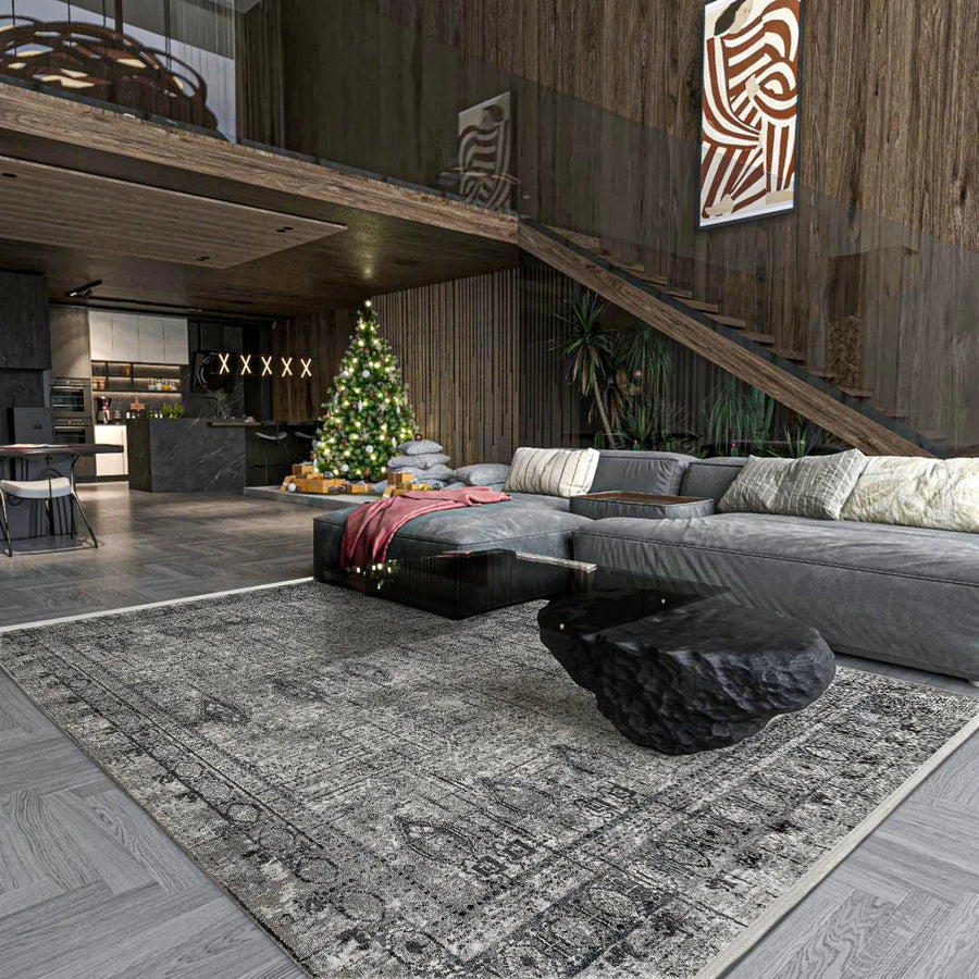 Grey & Anthracite Geometric Distressed Rug – in the living room