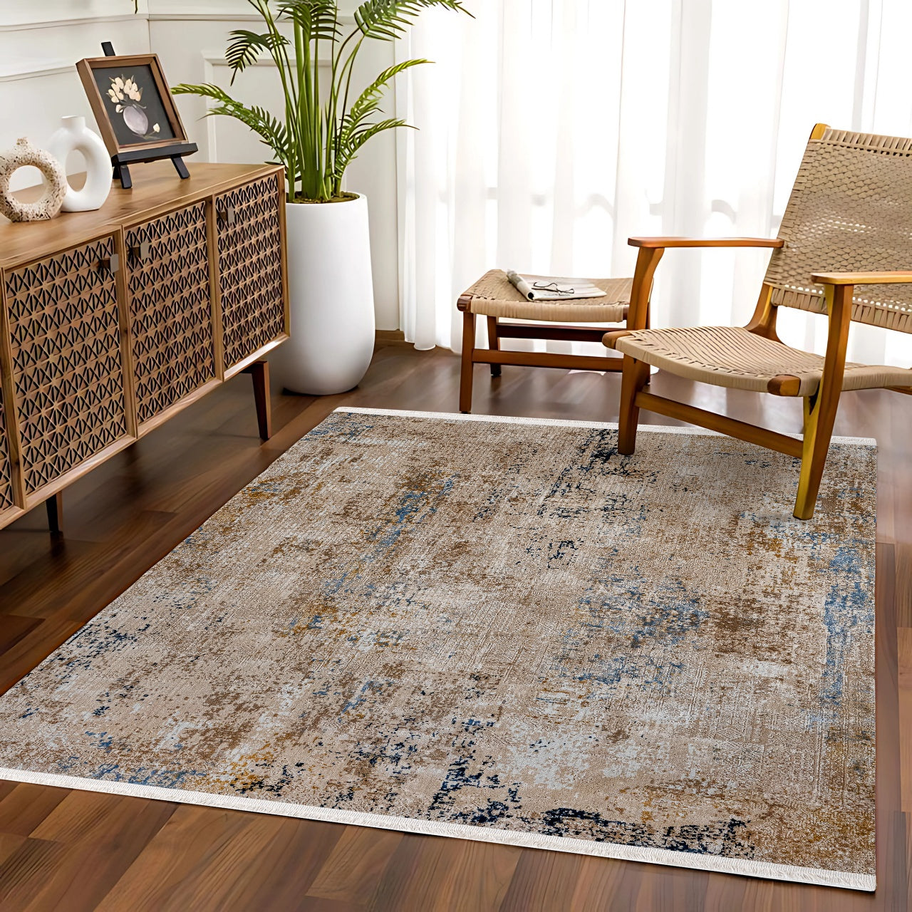 Gri Mavi Bohem Dokulu Halı - Yıkanabilir - Kaymaz Taban - Pati Dostu