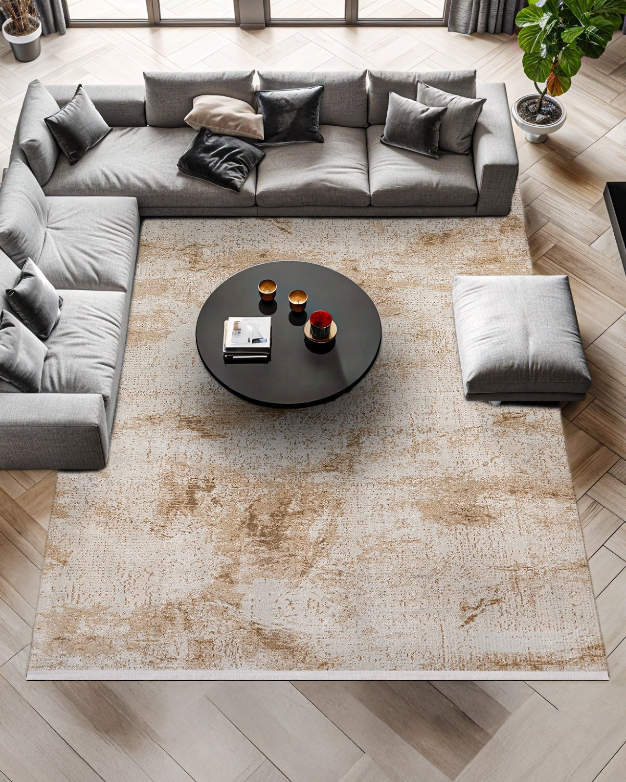 Bej Bohem Dokulu Halı - Yıkanabilir - Kaymaz Taban - Pati Dostu