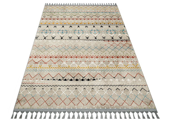 Bej Krem Bohem Etnik Triko Halı - Yıkanabilir - Kaymaz Taban - Pati Dostu