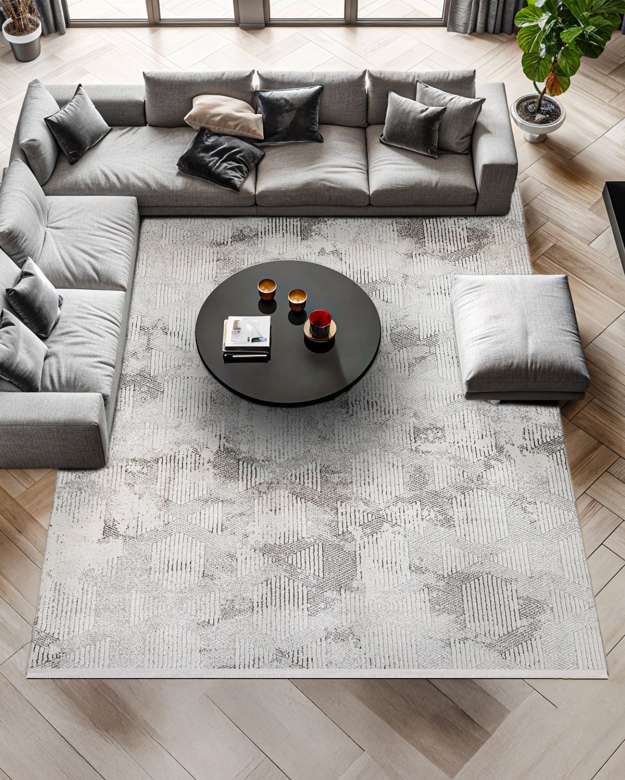 Beyaz Gri Mermer Desenli Minimalist Halı - Yıkanabilir - Kaymaz Taban - Pati Dostu