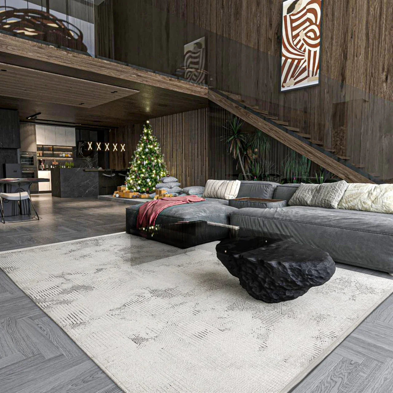 Beyaz Gri Mermer Desenli Minimalist Halı - Yıkanabilir - Kaymaz Taban - Pati Dostu