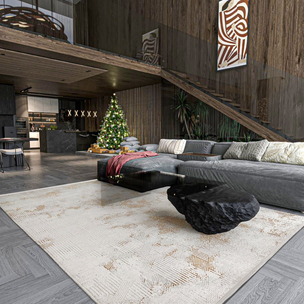 Bej Gold Dokulu Mermer Desenli Halı - Yıkanabilir - Kaymaz Taban - Pati Dostu