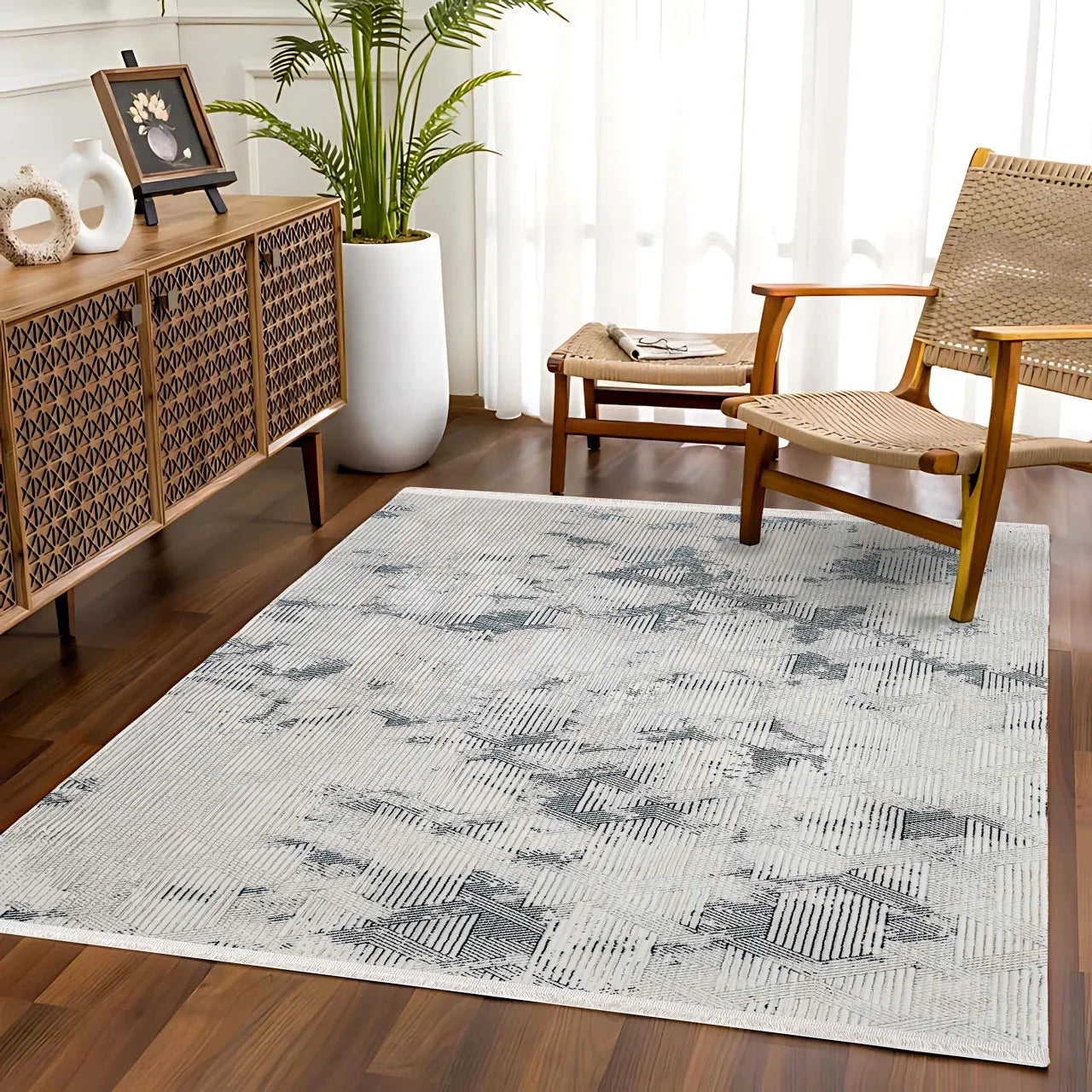 Beyaz Gri Mermer Desenli Minimalist Halı - Yıkanabilir - Kaymaz Taban - Pati Dostu