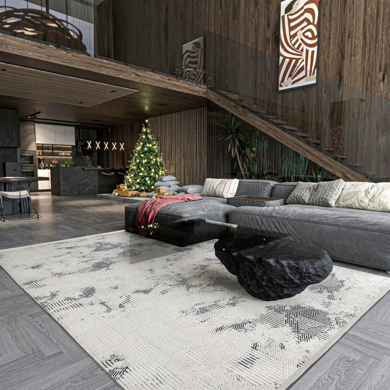 Beyaz Gri Mermer Desenli Minimalist Halı - Yıkanabilir - Kaymaz Taban - Pati Dostu