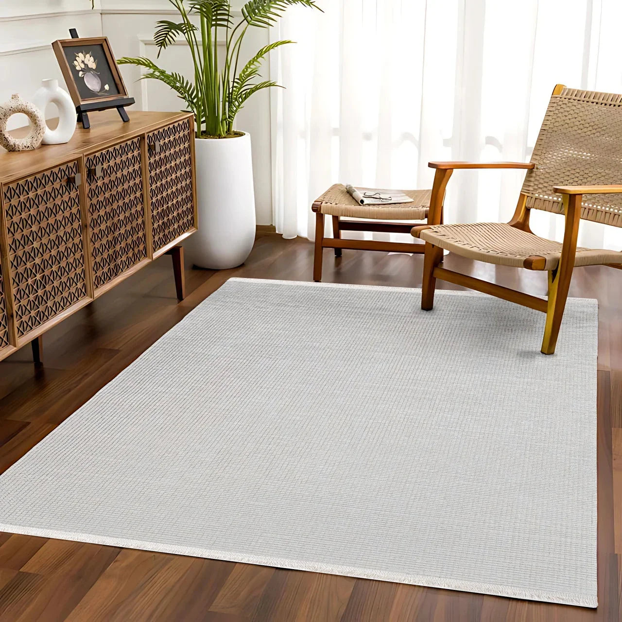 Beyaz Ekru Minimalist Modern Halı - Yıkanabilir - Kaymaz Taban - Pati Dostu