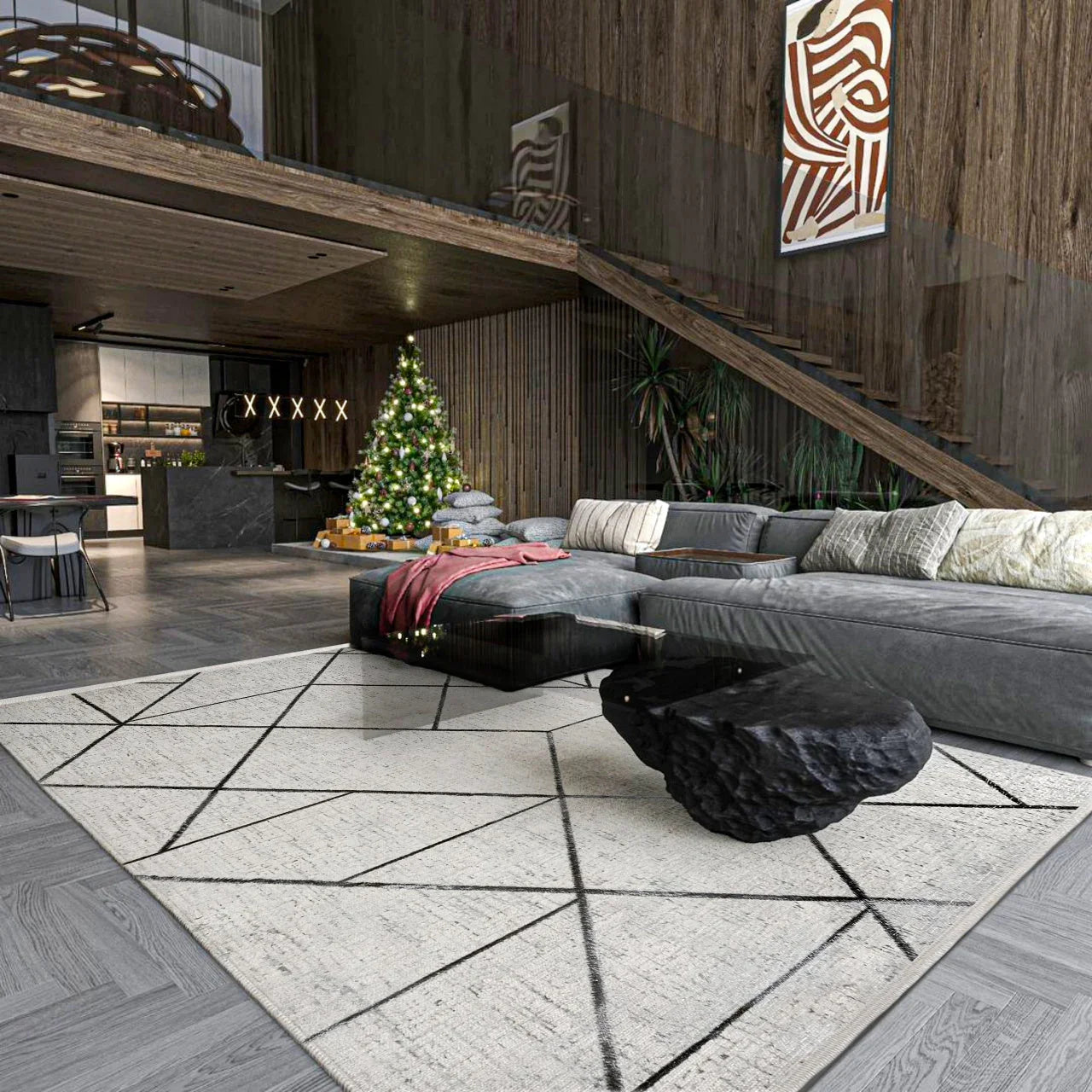 Antrasit Gri Geometrik Minimalist Halı - Yıkanabilir - Kaymaz Taban - Pati Dostu
