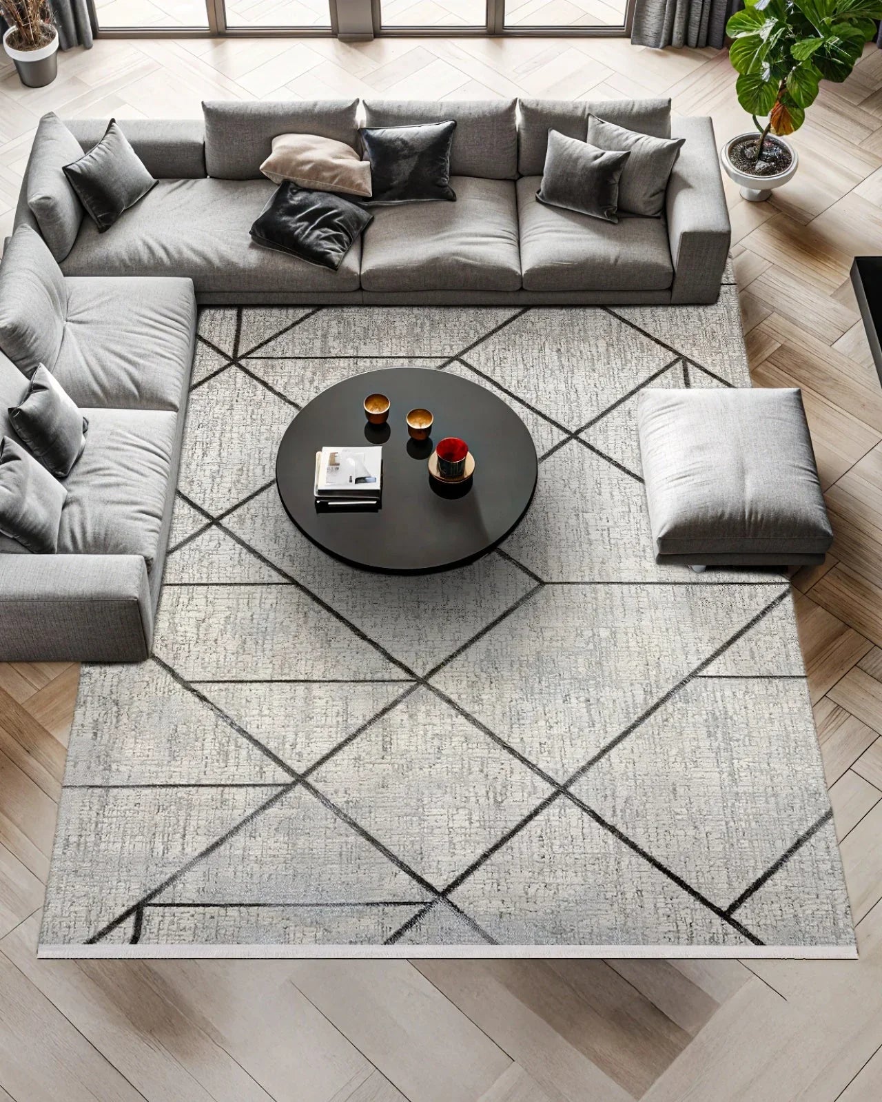 Antrasit Gri Geometrik Minimalist Halı - Yıkanabilir - Kaymaz Taban - Pati Dostu