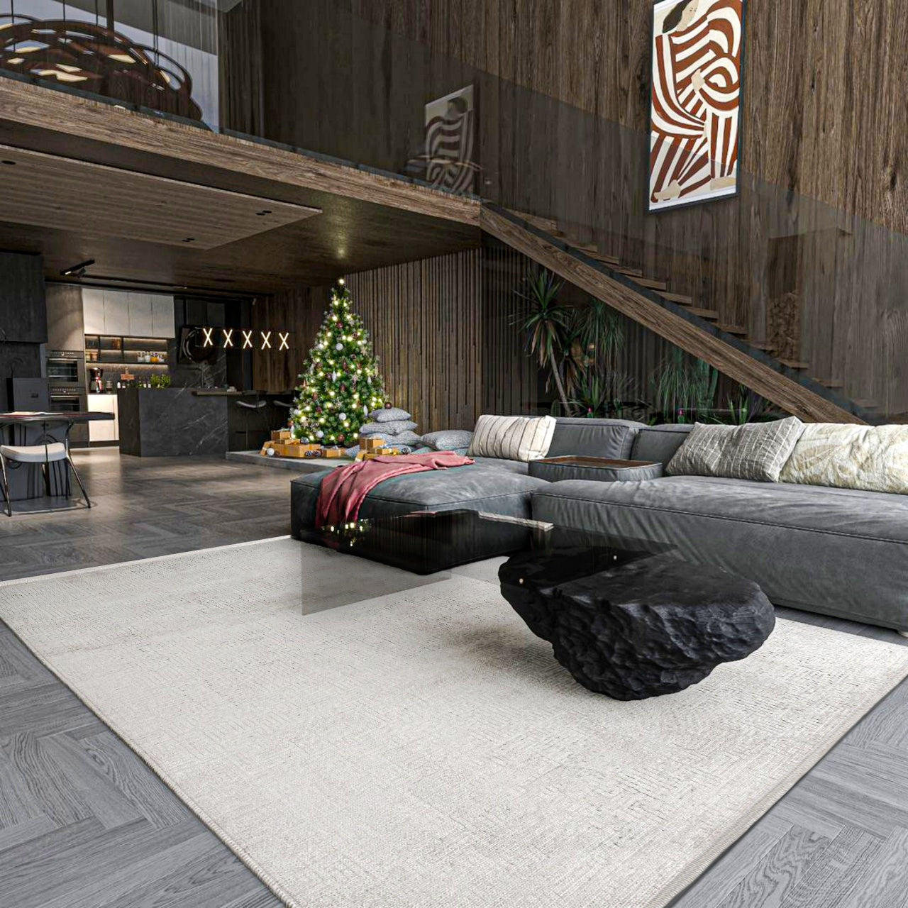 Beyaz Ekru Dokulu Minimalist Halı - Yıkanabilir - Kaymaz Taban - Pati Dostu