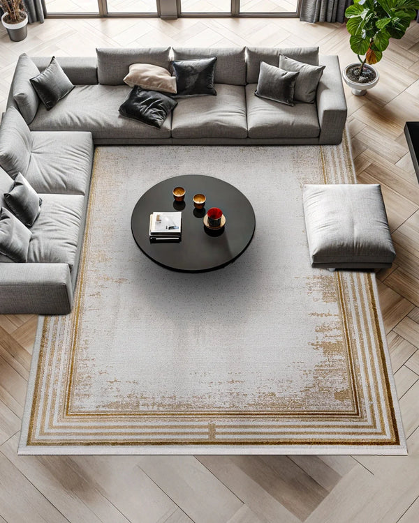 Beyaz Ekru Bordürlü Minimalist Halı - Yıkanabilir - Kaymaz Taban - Pati Dostu