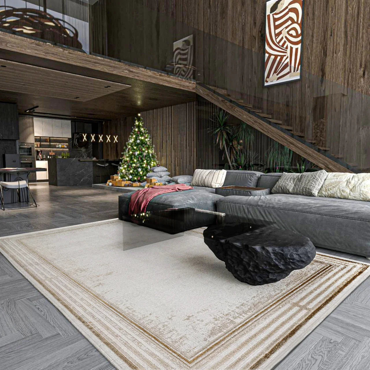 Beyaz Ekru Bordürlü Minimalist Halı - Yıkanabilir - Kaymaz Taban - Pati Dostu