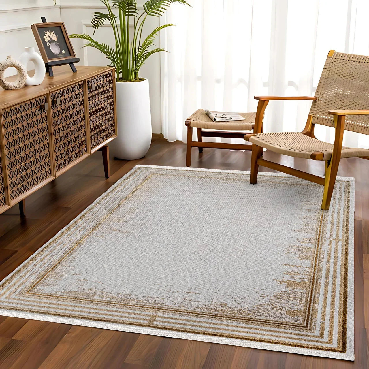Beyaz Ekru Bordürlü Minimalist Halı - Yıkanabilir - Kaymaz Taban - Pati Dostu