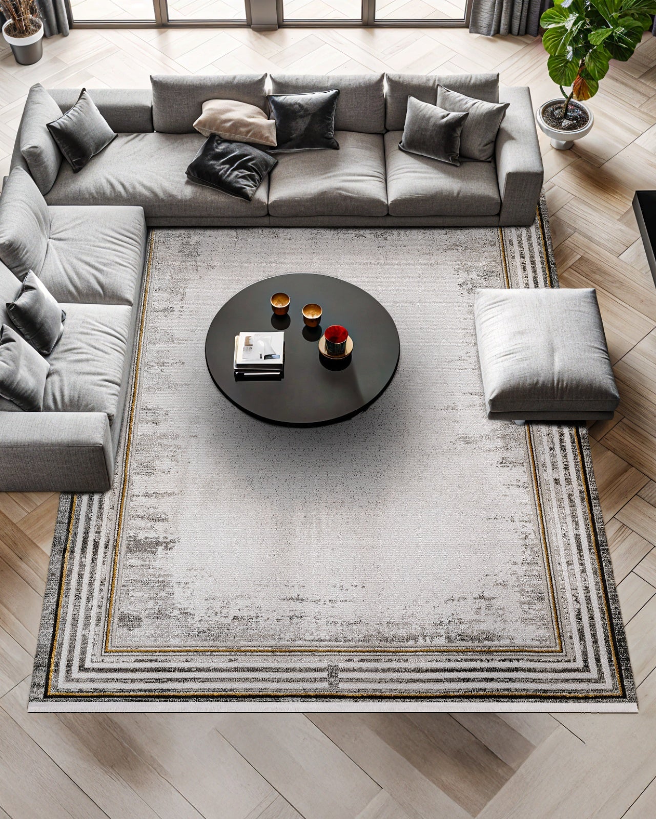 Antrasit Gri Dokulu Eskitme Halı - Yıkanabilir - Kaymaz Taban - Pati Dostu