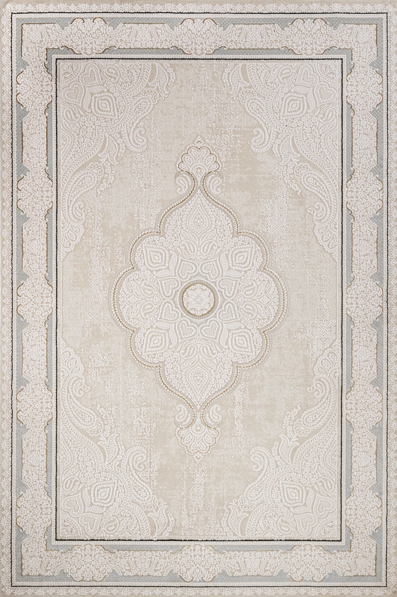 Bej Krem Eskitme Göbekli Halı - Yıkanabilir - Kaymaz Taban - Pati Dostu