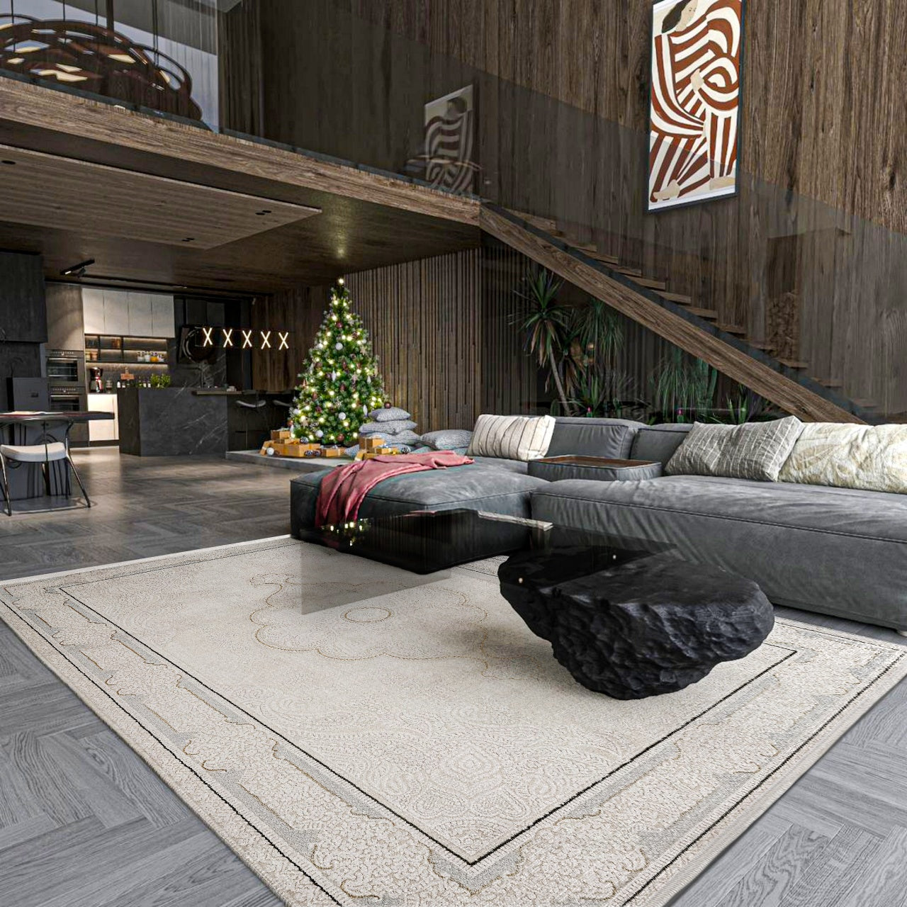 Bej Krem Eskitme Göbekli Halı - Yıkanabilir - Kaymaz Taban - Pati Dostu