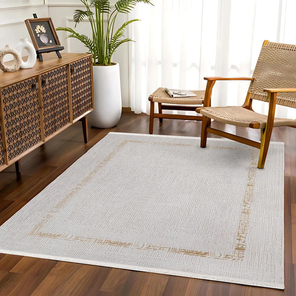 Beyaz Ekru Bordürlü Minimalist Halı - Yıkanabilir - Kaymaz Taban - Pati Dostu