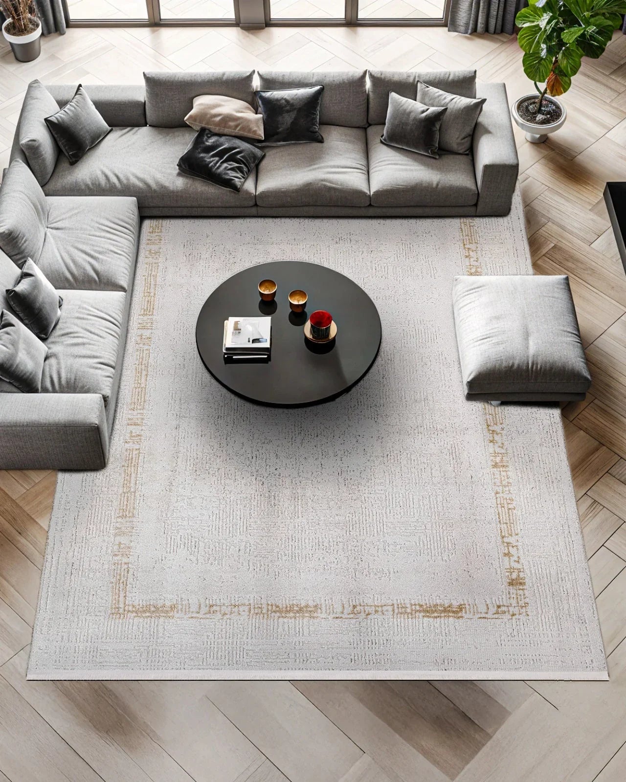 Beyaz Ekru Bordürlü Minimalist Halı - Yıkanabilir - Kaymaz Taban - Pati Dostu