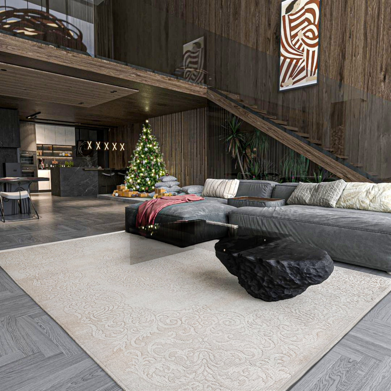 Bej Krem Minimalist Modern Halı - Yıkanabilir - Kaymaz Taban - Pati Dostu