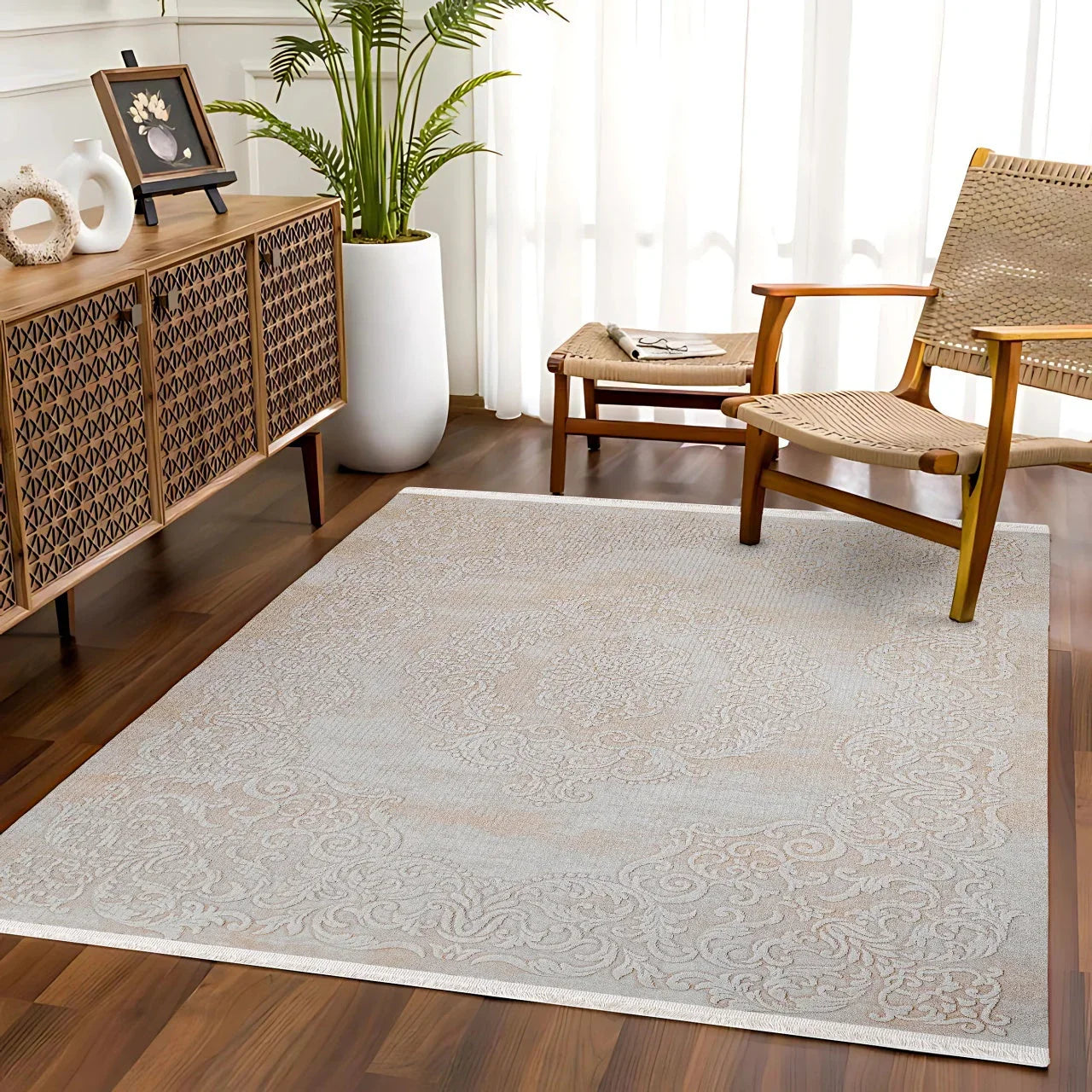 Bej Krem Minimalist Modern Halı - Yıkanabilir - Kaymaz Taban - Pati Dostu