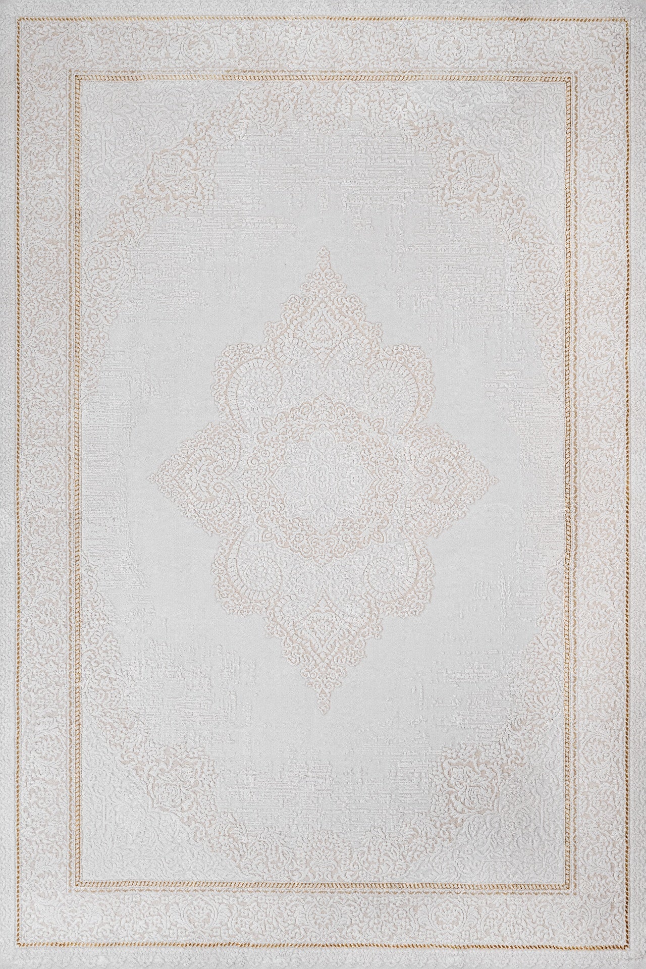 Bej Ekru Desenli Göbekli Halı - Yıkanabilir - Kaymaz Taban - Pati Dostu