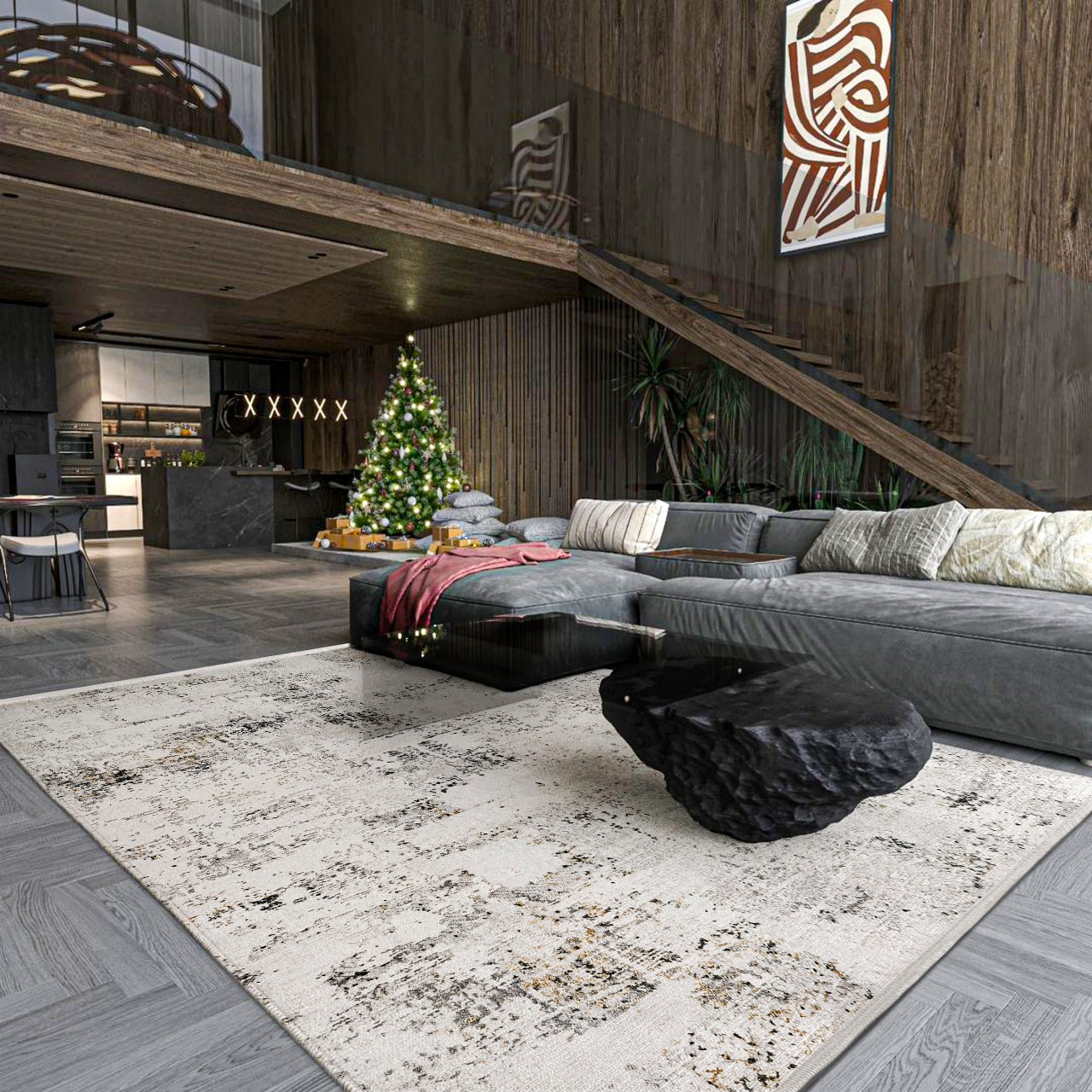 Antrasit Gri Dokulu Eskitme Halı - Yıkanabilir - Kaymaz Taban - Pati Dostu