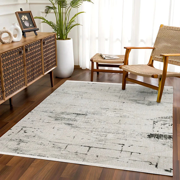 Beyaz Gri Geometrik Minimalist Halı - Yıkanabilir - Kaymaz Taban - Pati Dostu