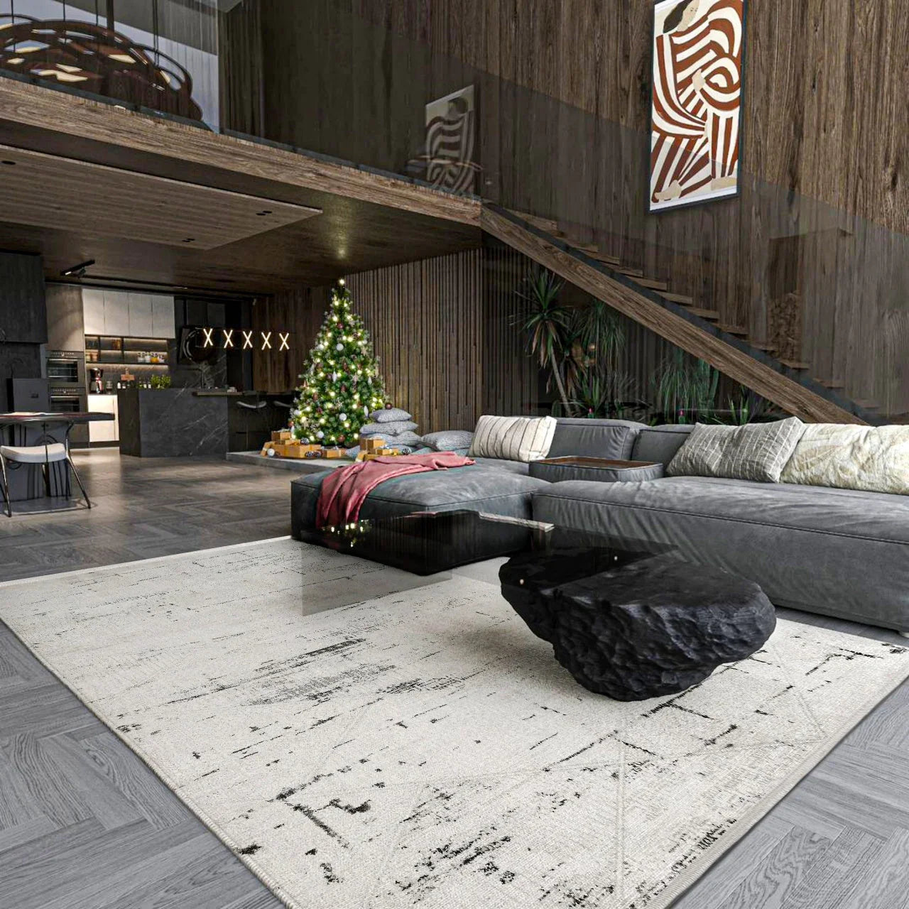 Beyaz Gri Geometrik Minimalist Halı - Yıkanabilir - Kaymaz Taban - Pati Dostu