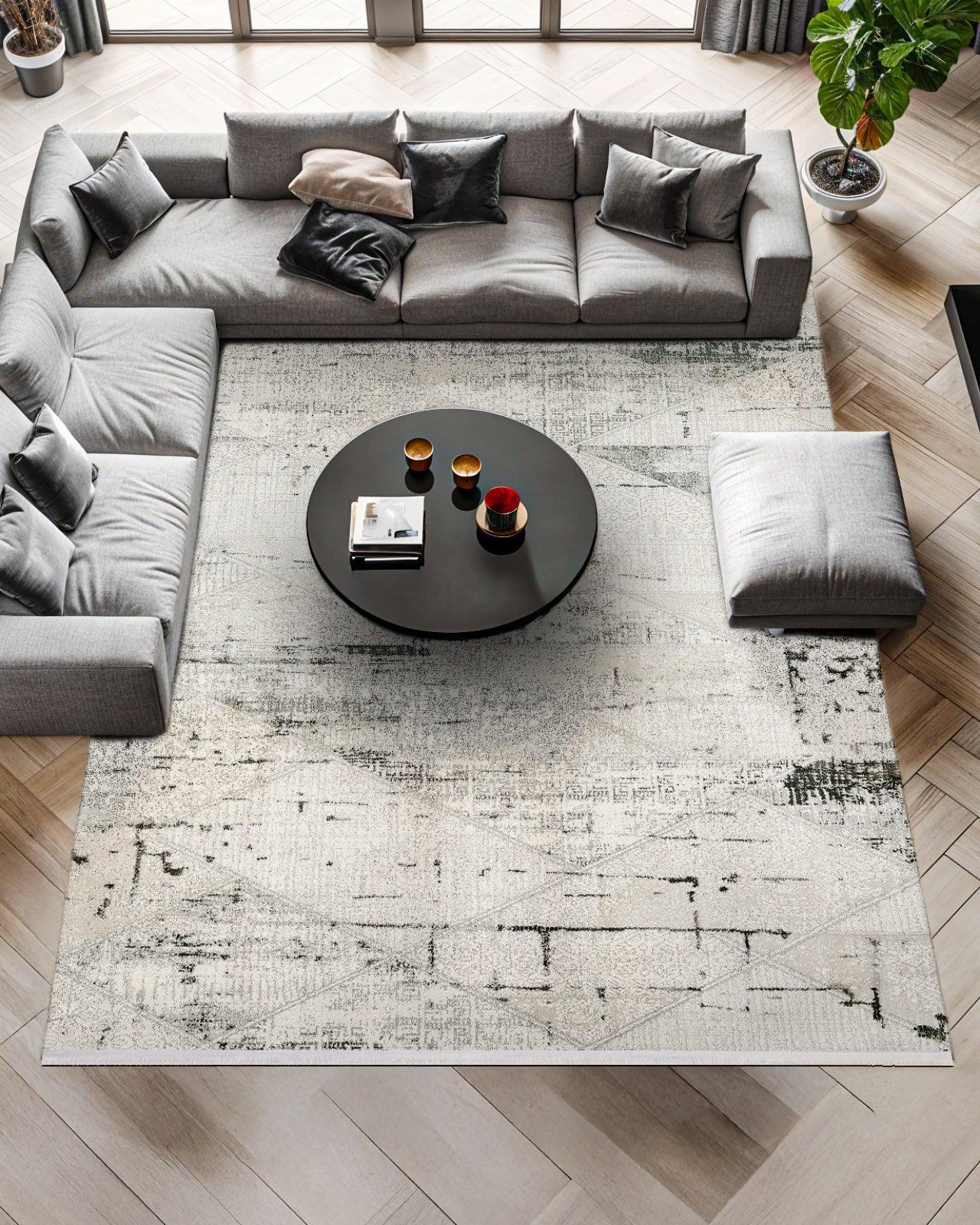 Beyaz Gri Geometrik Minimalist Halı - Yıkanabilir - Kaymaz Taban - Pati Dostu